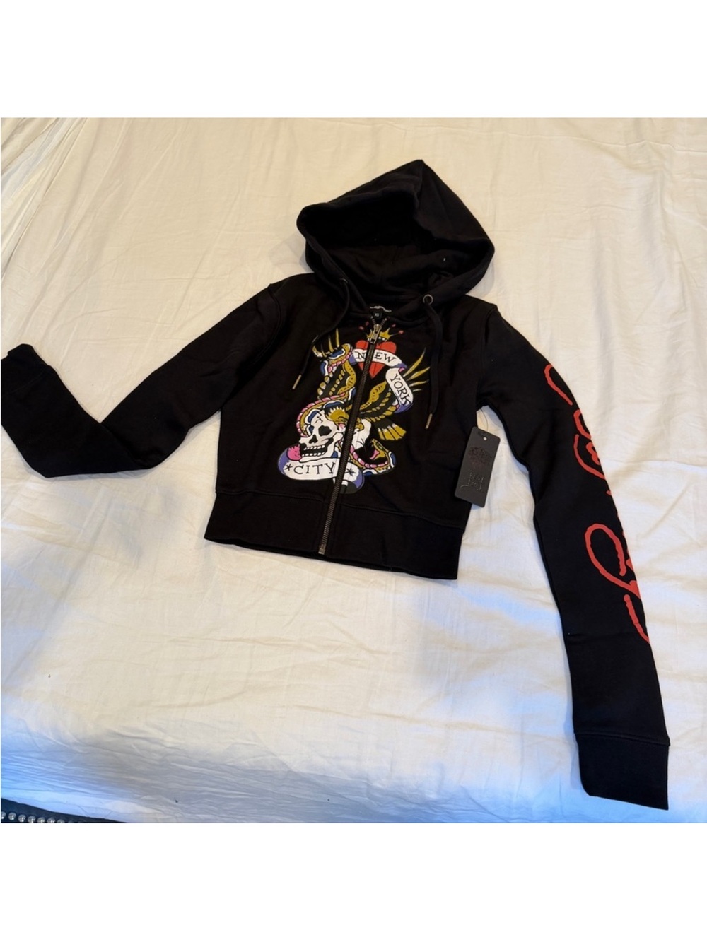 Ed Hardy Black Cropped Zip Hoodie with Multicolor Skull & Snake Graphic